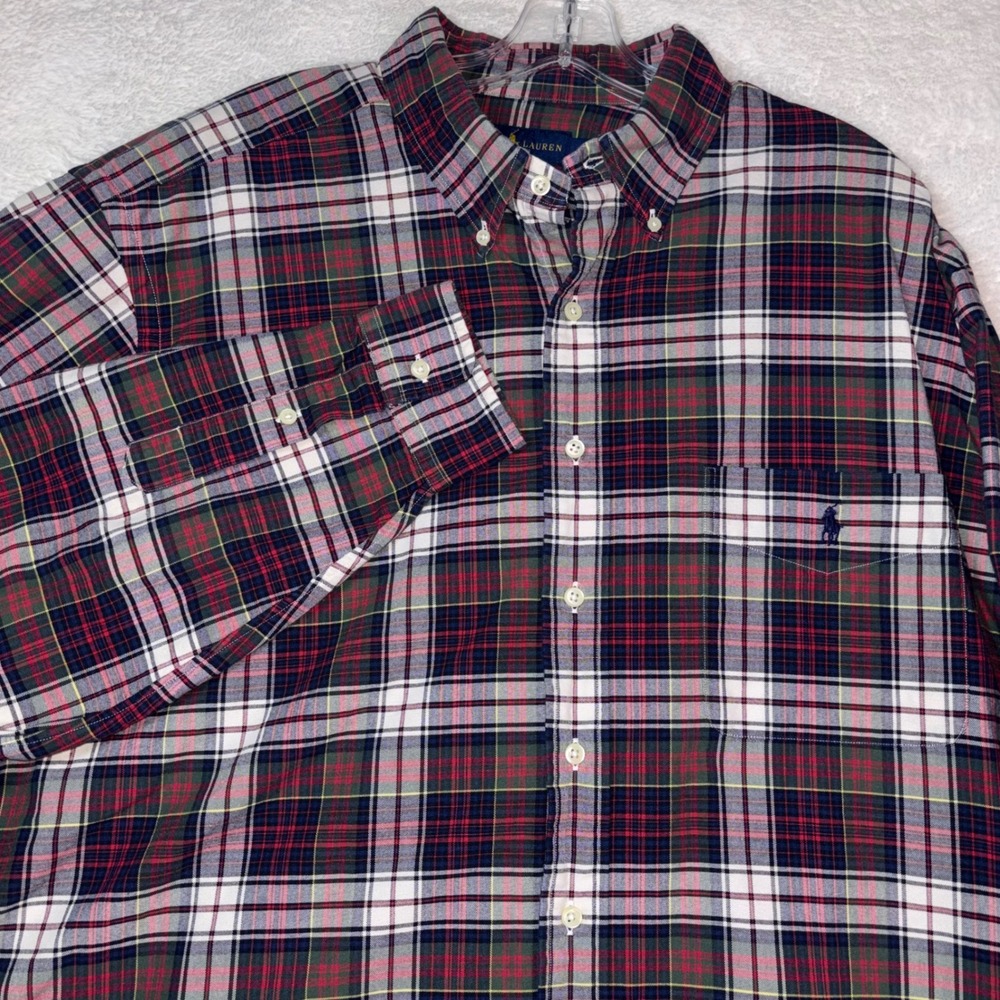 Ralph Lauren Mens 1XB Plaid Button Down Shirt Red Green Navy Cotton Long Sleeve